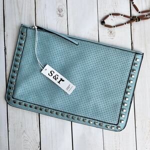 Summer & Rose Turquoise Light Blue Studded Faux Leather Zip Clutch 12" x 8"